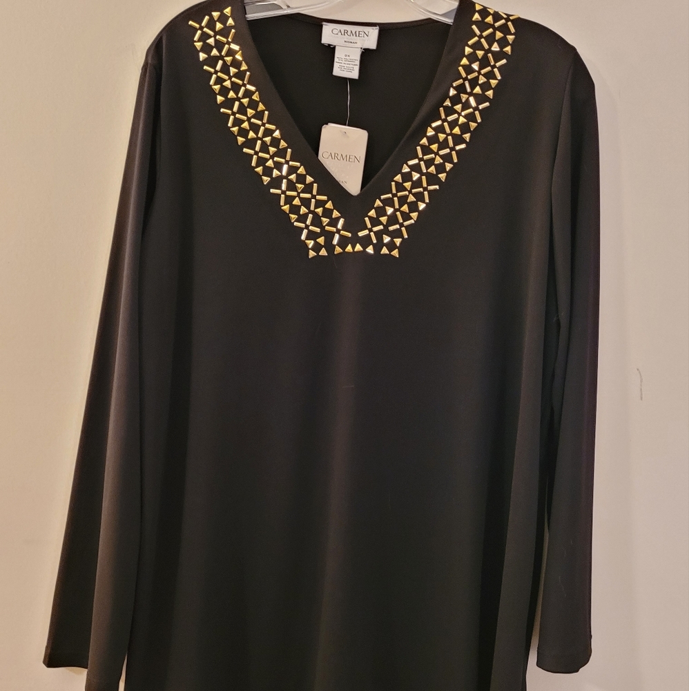 NWT Carmen Valvo Black Tunic Blouse Long-Sleeve Embellished Collar V-neck  OX